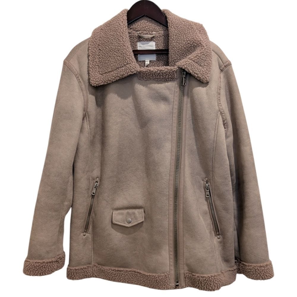 Avec Les Filles Faux Suede & Shearling Aviator Moto Jacket - Tan/Taupe - Xl